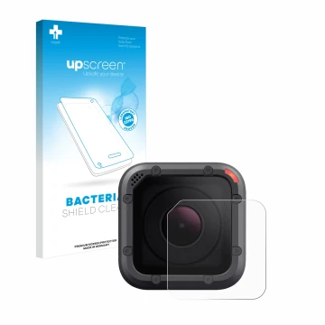 Parte frontale di una confezione del prodotto con il logo del marchio upscreen. Accanto è raffigurato il dispositivo GoPro Her