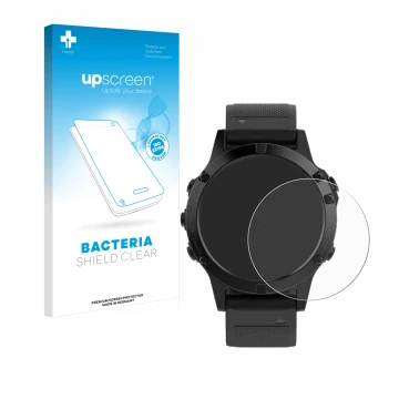Parte frontale di una confezione del prodotto con il logo del marchio upscreen. Accanto è raffigurato il dispositivo Garmin Fe