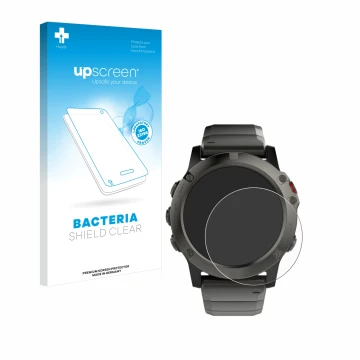 Parte frontale di una confezione del prodotto con il logo del marchio upscreen. Accanto è raffigurato il dispositivo Garmin Fe