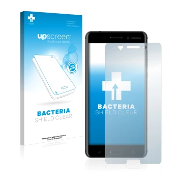 Parte frontale di una confezione del prodotto con il logo del marchio upscreen. Accanto è raffigurato il dispositivo Nokia 6 2