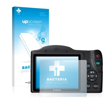 Parte frontale di una confezione del prodotto con il logo del marchio upscreen. Accanto è raffigurato il dispositivo Canon Pow