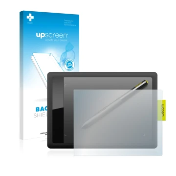 Parte frontale di una confezione del prodotto con il logo del marchio upscreen. Accanto è raffigurato il dispositivo Wacom One
