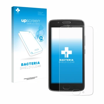 Parte frontale di una confezione del prodotto con il logo del marchio upscreen. Accanto è raffigurato il dispositivo Motorola 