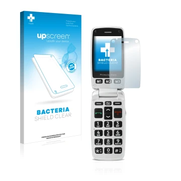 Parte frontale di una confezione del prodotto con il logo del marchio upscreen. Accanto è raffigurato il dispositivo Doro Prim