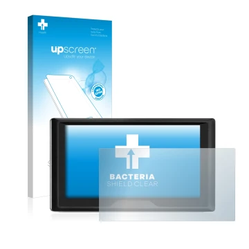 Parte frontale di una confezione del prodotto con il logo del marchio upscreen. Accanto è raffigurato il dispositivo Garmin Dr