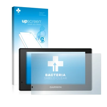 Parte frontale di una confezione del prodotto con il logo del marchio upscreen. Accanto è raffigurato il dispositivo Garmin Dr