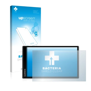 Parte frontale di una confezione del prodotto con il logo del marchio upscreen. Accanto è raffigurato il dispositivo Garmin Ca