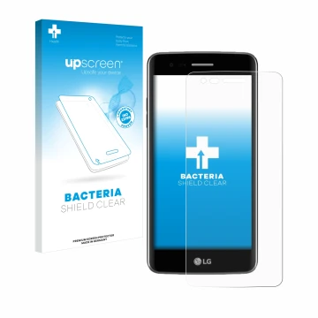 Parte frontale di una confezione del prodotto con il logo del marchio upscreen. Accanto è raffigurato il dispositivo LG K8 201