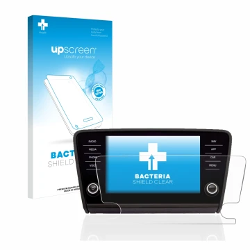 Parte frontale di una confezione del prodotto con il logo del marchio upscreen. Accanto è raffigurato il dispositivo Skoda Oct