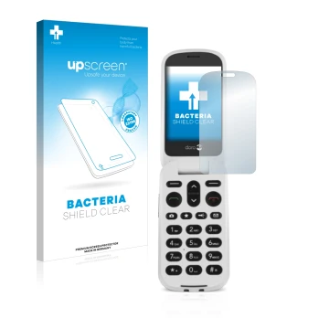 Parte frontale di una confezione del prodotto con il logo del marchio upscreen. Accanto è raffigurato il dispositivo Doro 6050