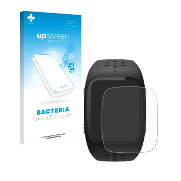 Parte frontale di una confezione del prodotto con il logo del marchio upscreen. Accanto è raffigurato il dispositivo Polar M43