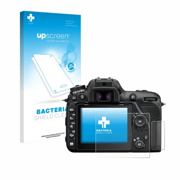 Parte frontale di una confezione del prodotto con il logo del marchio upscreen. Accanto è raffigurato il dispositivo Nikon D75