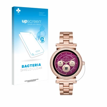 Parte frontale di una confezione del prodotto con il logo del marchio upscreen. Accanto è raffigurato il dispositivo Michael K