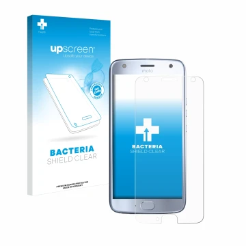 Parte frontale di una confezione del prodotto con il logo del marchio upscreen. Accanto è raffigurato il dispositivo Motorola 