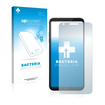 Parte frontale di una confezione del prodotto con il logo del marchio upscreen. Accanto è raffigurato il dispositivo LG Q6 con