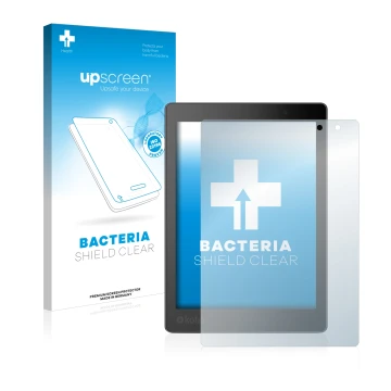 Parte frontale di una confezione del prodotto con il logo del marchio upscreen. Accanto è raffigurato il dispositivo Kobo Aura