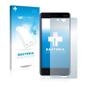Parte frontale di una confezione del prodotto con il logo del marchio upscreen. Accanto è raffigurato il dispositivo Nokia 8 c