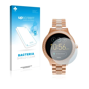 Parte frontale di una confezione del prodotto con il logo del marchio upscreen. Accanto è raffigurato il dispositivo Fossil Q 