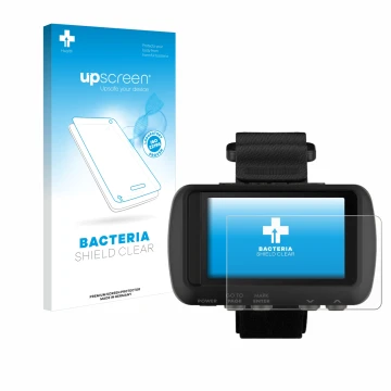 Parte frontale di una confezione del prodotto con il logo del marchio upscreen. Accanto è raffigurato il dispositivo Garmin Fo
