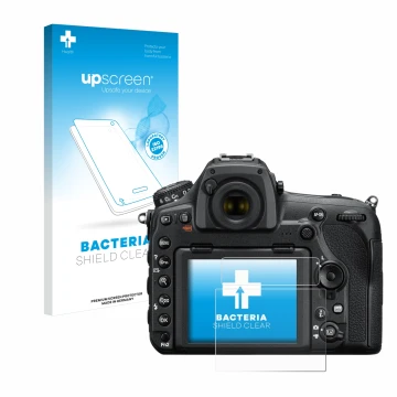 Parte frontale di una confezione del prodotto con il logo del marchio upscreen. Accanto è raffigurato il dispositivo Nikon D85