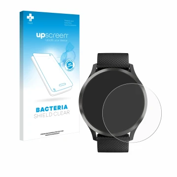 Parte frontale di una confezione del prodotto con il logo del marchio upscreen. Accanto è raffigurato il dispositivo Garmin vi