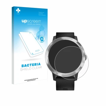 Parte frontale di una confezione del prodotto con il logo del marchio upscreen. Accanto è raffigurato il dispositivo Garmin vi