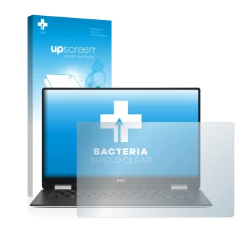Parte frontale di una confezione del prodotto con il logo del marchio upscreen. Accanto è raffigurato il dispositivo Dell XPS 