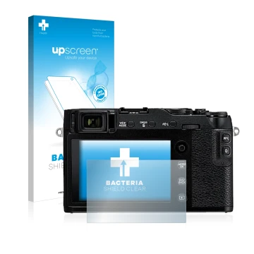 Parte frontale di una confezione del prodotto con il logo del marchio upscreen. Accanto è raffigurato il dispositivo Fujifilm 