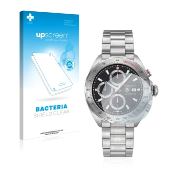 Parte frontale di una confezione del prodotto con il logo del marchio upscreen. Accanto è raffigurato il dispositivo TAG Heuer
