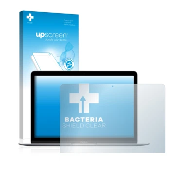 Parte frontale di una confezione del prodotto con il logo del marchio upscreen. Accanto è raffigurato il dispositivo Apple Mac