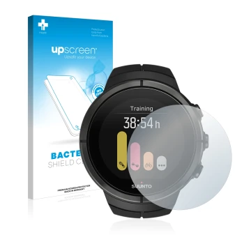 Parte frontale di una confezione del prodotto con il logo del marchio upscreen. Accanto è raffigurato il dispositivo Suunto Sp