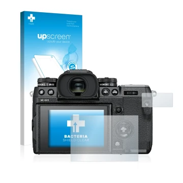 Parte frontale di una confezione del prodotto con il logo del marchio upscreen. Accanto è raffigurato il dispositivo Fujifilm 