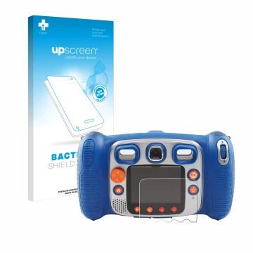 Parte frontale di una confezione del prodotto con il logo del marchio upscreen. Accanto è raffigurato il dispositivo Vtech Kid