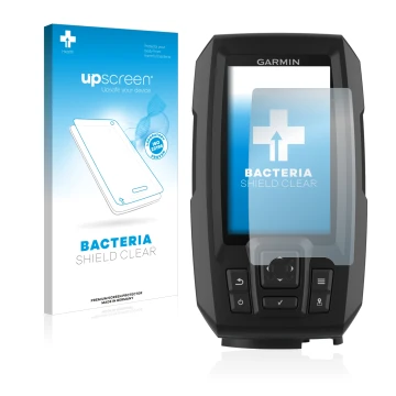 Parte frontale di una confezione del prodotto con il logo del marchio upscreen. Accanto è raffigurato il dispositivo Garmin St