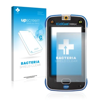 Parte frontale di una confezione del prodotto con il logo del marchio upscreen. Accanto è raffigurato il dispositivo Vtech Kid