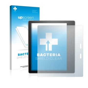 Parte frontale di una confezione del prodotto con il logo del marchio upscreen. Accanto è raffigurato il dispositivo Amazon Ki