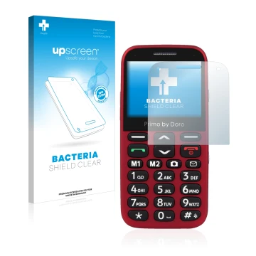 Parte frontale di una confezione del prodotto con il logo del marchio upscreen. Accanto è raffigurato il dispositivo Doro Prim