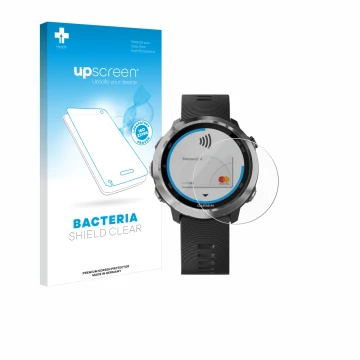 Parte frontale di una confezione del prodotto con il logo del marchio upscreen. Accanto è raffigurato il dispositivo Garmin Fo
