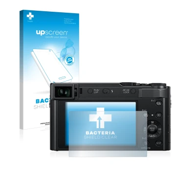 Parte frontale di una confezione del prodotto con il logo del marchio upscreen. Accanto è raffigurato il dispositivo Panasonic