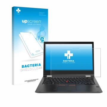 Parte frontale di una confezione del prodotto con il logo del marchio upscreen. Accanto è raffigurato il dispositivo Lenovo Th