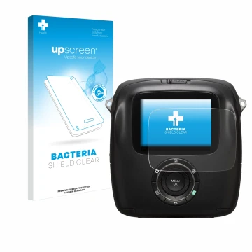 Parte frontale di una confezione del prodotto con il logo del marchio upscreen. Accanto è raffigurato il dispositivo Fujifilm 