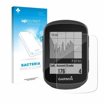 Parte frontale di una confezione del prodotto con il logo del marchio upscreen. Accanto è raffigurato il dispositivo Garmin Ed