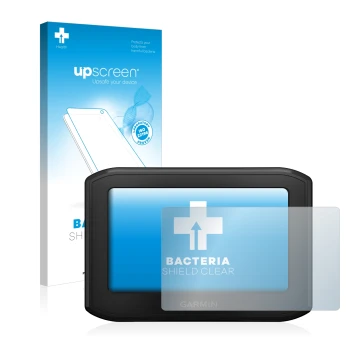 Parte frontale di una confezione del prodotto con il logo del marchio upscreen. Accanto è raffigurato il dispositivo Garmin zu