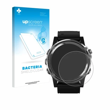 Parte frontale di una confezione del prodotto con il logo del marchio upscreen. Accanto è raffigurato il dispositivo Garmin De