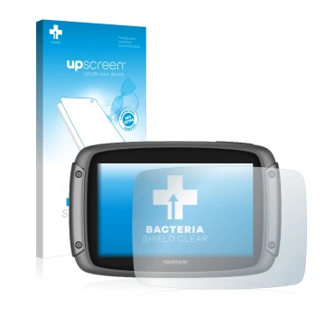 Parte frontale di una confezione del prodotto con il logo del marchio upscreen. Accanto è raffigurato il dispositivo TomTom Ri