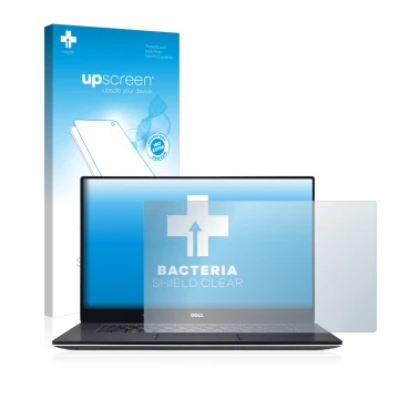 Parte frontale di una confezione del prodotto con il logo del marchio upscreen. Accanto è raffigurato il dispositivo Dell XPS 