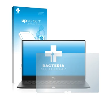 Parte frontale di una confezione del prodotto con il logo del marchio upscreen. Accanto è raffigurato il dispositivo Dell XPS 