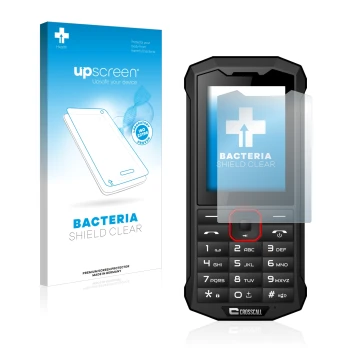 Parte frontale di una confezione del prodotto con il logo del marchio upscreen. Accanto è raffigurato il dispositivo Crosscall