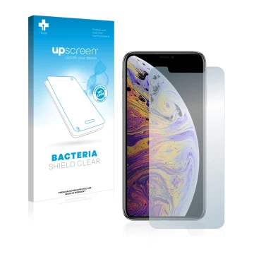 Parte frontale di una confezione del prodotto con il logo del marchio upscreen. Accanto è raffigurato il dispositivo Apple iPh