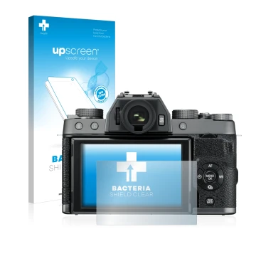 Parte frontale di una confezione del prodotto con il logo del marchio upscreen. Accanto è raffigurato il dispositivo Fujifilm 